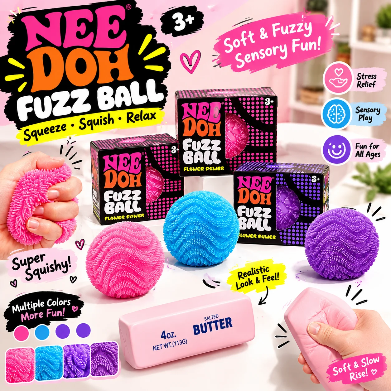 Nee Doh Fuzz Ball Flower Power Spiky Squishy Ball Soft Butter Fidget Toy Anti-Anxiety Hand Squeeze Sensory Stress Relief Toy