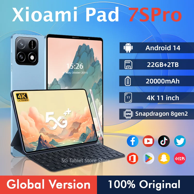 2025 Tablet with New7S Pro Snapdragon 8gen2 4K Screen 22GB RAM 2TB Storage Android 14 System Dual-Mode 5G and Wi-Fi 20000mAhmAh