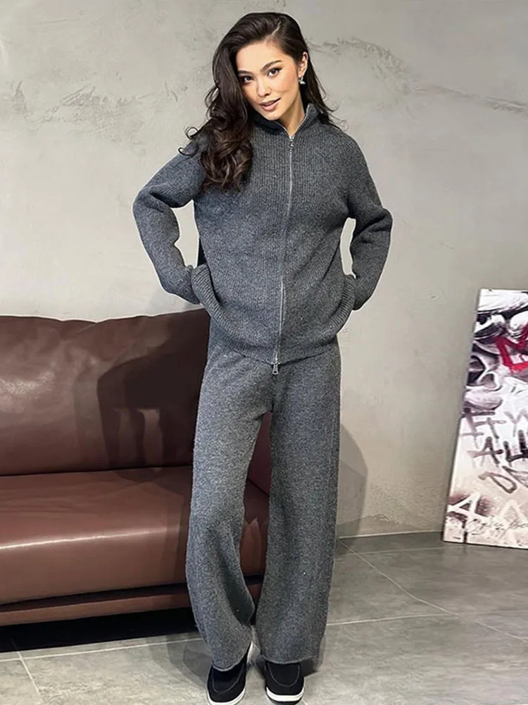 Elegant Knit Set Women Solid Long Sleeved Zipper Coat Wide Leg High Waist Trousers 2024 Autumn Winter Chic Two Piece Set Lady