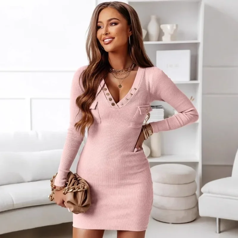 2025 الخريف والشتاء موضة جديدة فساتين حريمي عادية محبوك بأكمام طويلة زر متابعة تنورة وسط الملابس النسائية #4