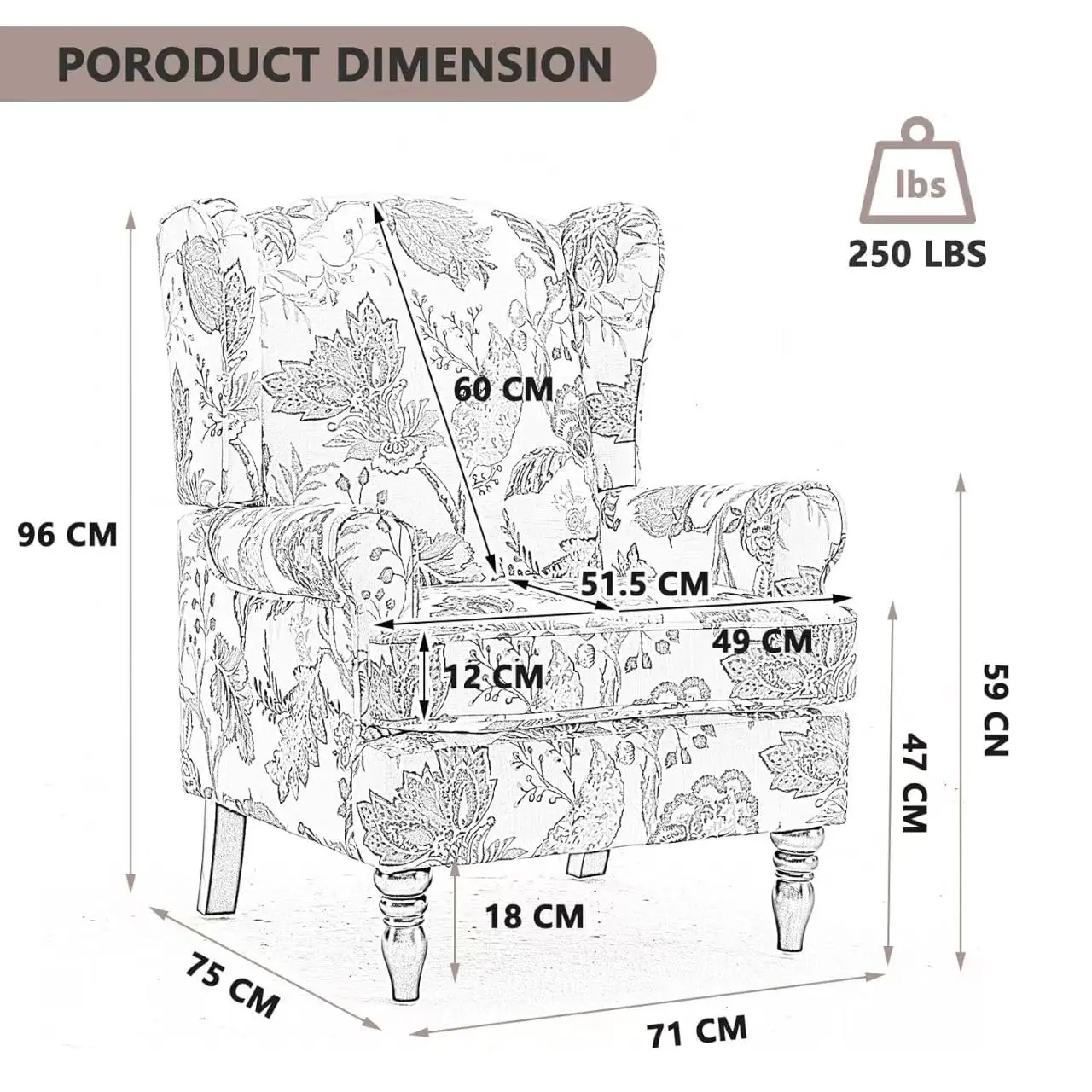 Wingback Accent Chair Solid Wood Legs Cushion Upholstered Floral Armchair Retro Single Sofa Living Room Bedroom, Customized