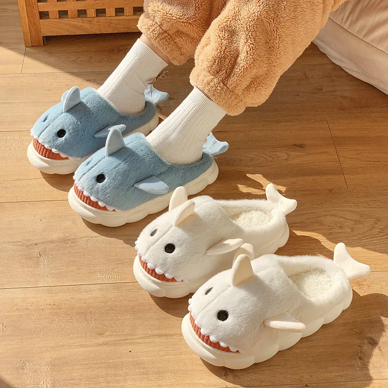 Flat bottomed home shark cotton slippers for indoor autumn and winter, new cartoon cute plush toe cap slippers for women