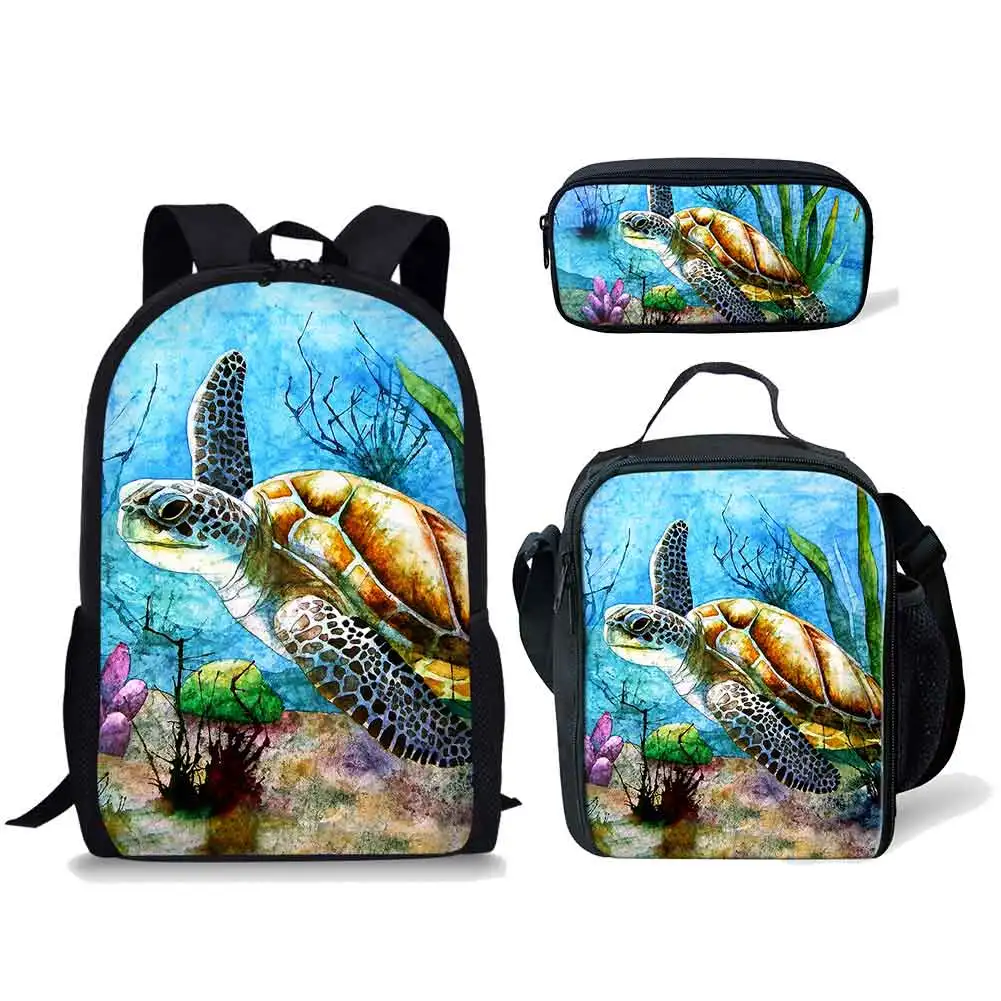 Mochila clásica con estampado 3D de tortuga para ordenador portátil, mochilas escolares para pupila, mochila de día, lonchera, estuche para lápices, Juego de 3 uds.