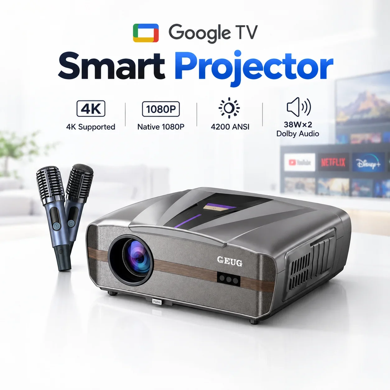 New E9 4KUHD 4200ANSI Projector Smart Google TV Auto Focus Auto Lens Cover Beamer Speaker*2 Projector WiFi6 For Video Movie 2026