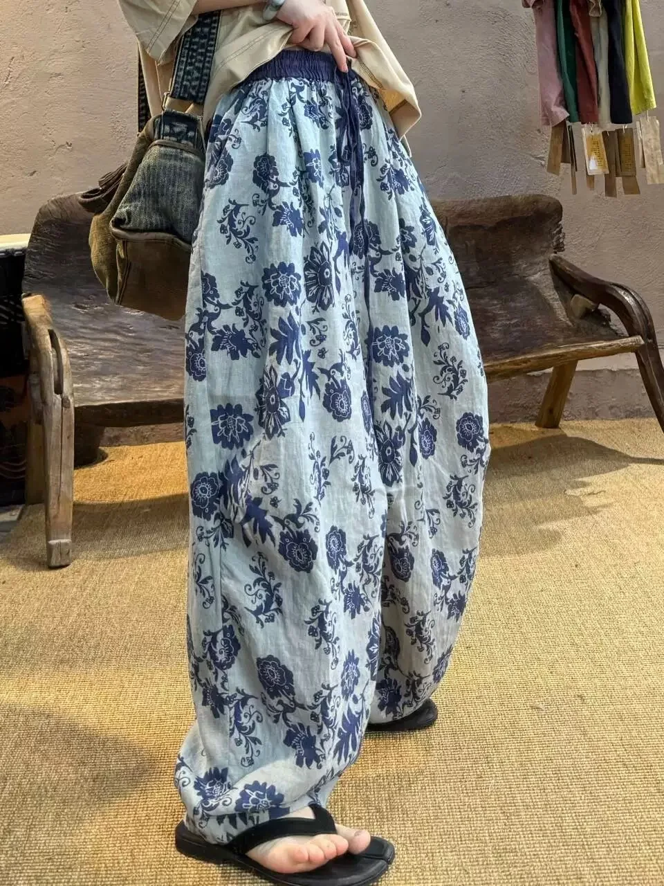 الرجعية طباعة القطن الكتان بنطال ذو قصة أرجل واسعة المرأة Faionable بناطيل كاجوال صيف جديد عالية الخصر التخسيس Ele الترفيه السراويل #2