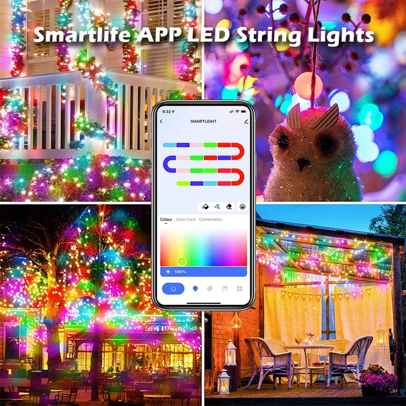 Guirnalda de luces LED para decoración de Navidad, lámpara inteligente con WIFI, USB, WS2812B, RGBIC, para exteriores