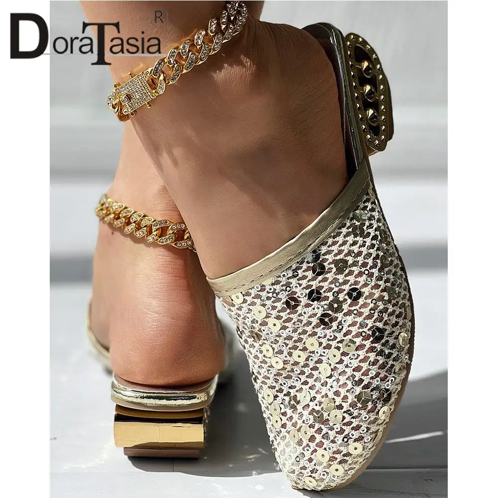 Big Size 43 Brand New Ladies Slip-on Slides Fashion Bling Hollow Chunky Heels Summer women's Slippers Casual Party Woman Shoes