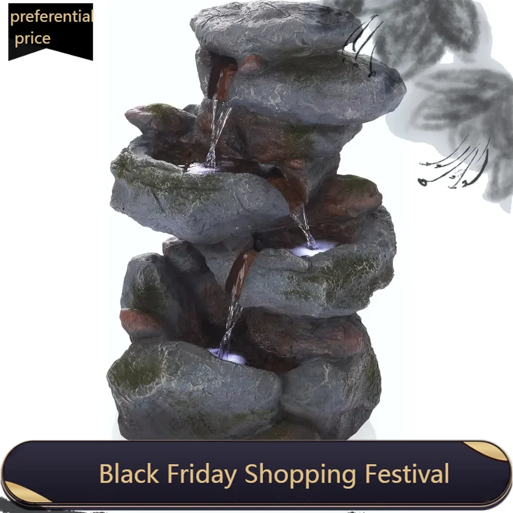 WIN582 Outdoor Floor 3-Tiered Rock Waterfall Fountain with LED Lights and Natural Stone Look, 22