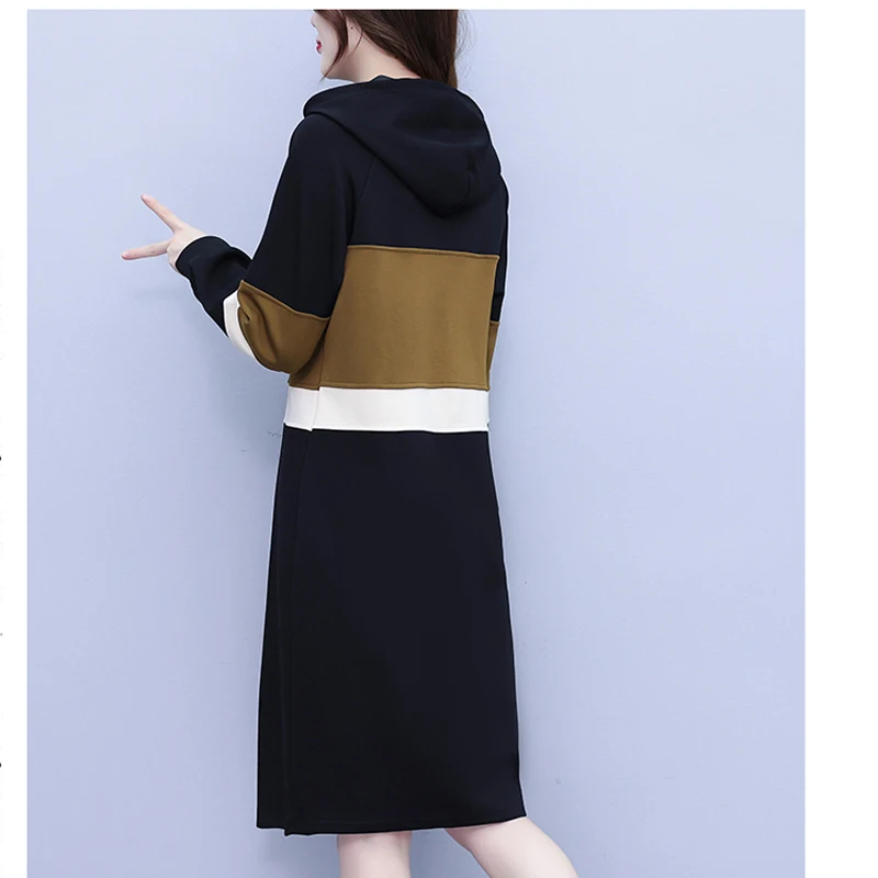 Elegant Cotton T-shirt Dresses For Women 2023 Female Large Size 5XL Autumn Winter A Line Hooded Color Contrast Stitching Vestido