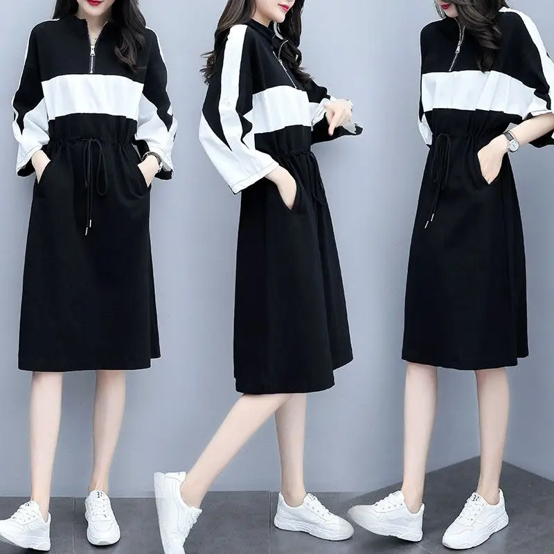 Fashion Stand Collar Zipper Shirring Lace Up Bow Casual Dresses Female Clothing 2024 Spring Summer New Loose Korean Midi Dress