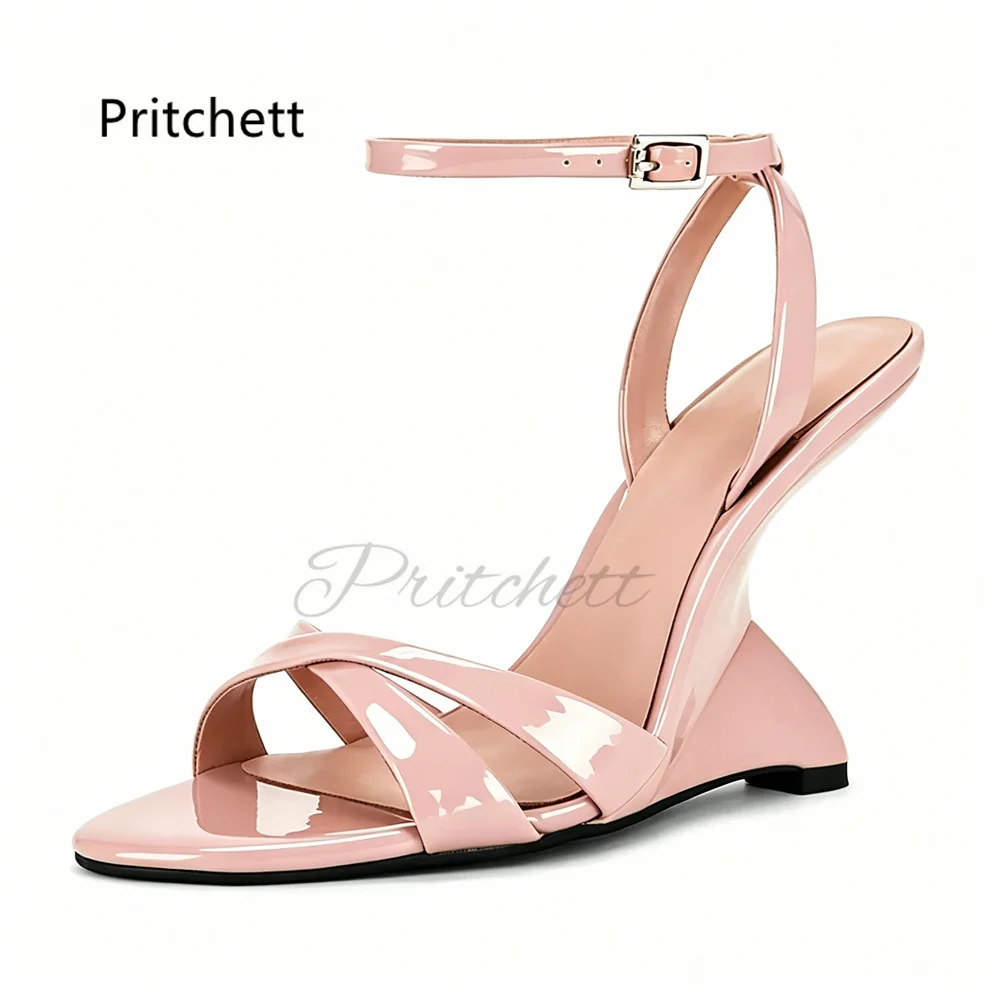 Novelty Wedges Heeled Leather Sandals for Women Solid Color Patent Leather Cross Strap High Heels Summer Open Toe Party Shoes