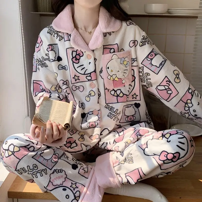 

Anime Hello Kitty Women's Pajama Set Flannel Autumn Winter Thick Coral Velvet Cartoon Home Clothes Long Sleeve Long Pants Pajama
