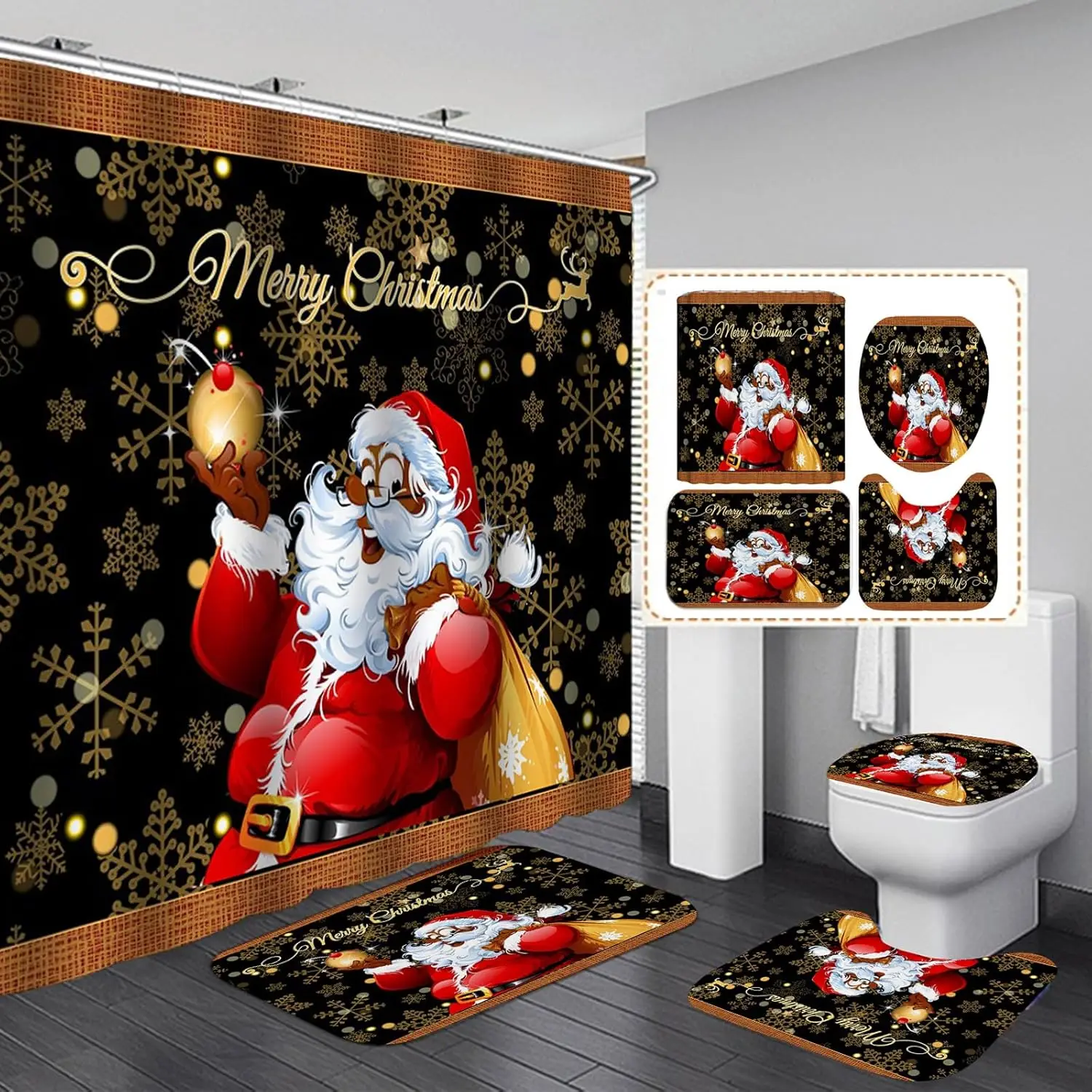 

Christmas Black Santa Claus Shower Curtain Sets with Non Slip Rugs Toilet Lid Cover Bath Mat and 12Hooks Christmas BathroomDecor