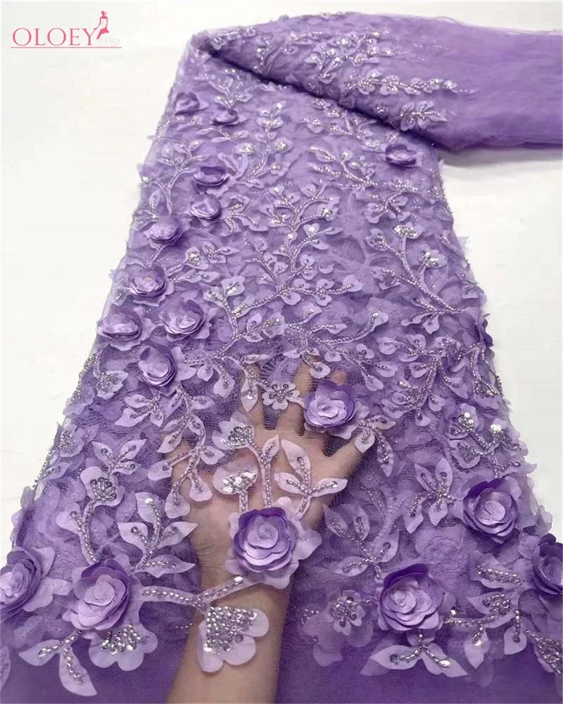 OLOEY African Lace Fabric  High Quality French 3D Flower Sequins Embroidery Beads Tulle Lace Fabric For Party Dress