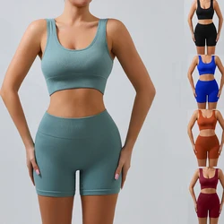 Seamless Ribbed Yoga Sets Workout Top for Women 1Pc Gym Suits Ribbed Crop Tank High Waist Shorts Outfits Fitness Running Bra