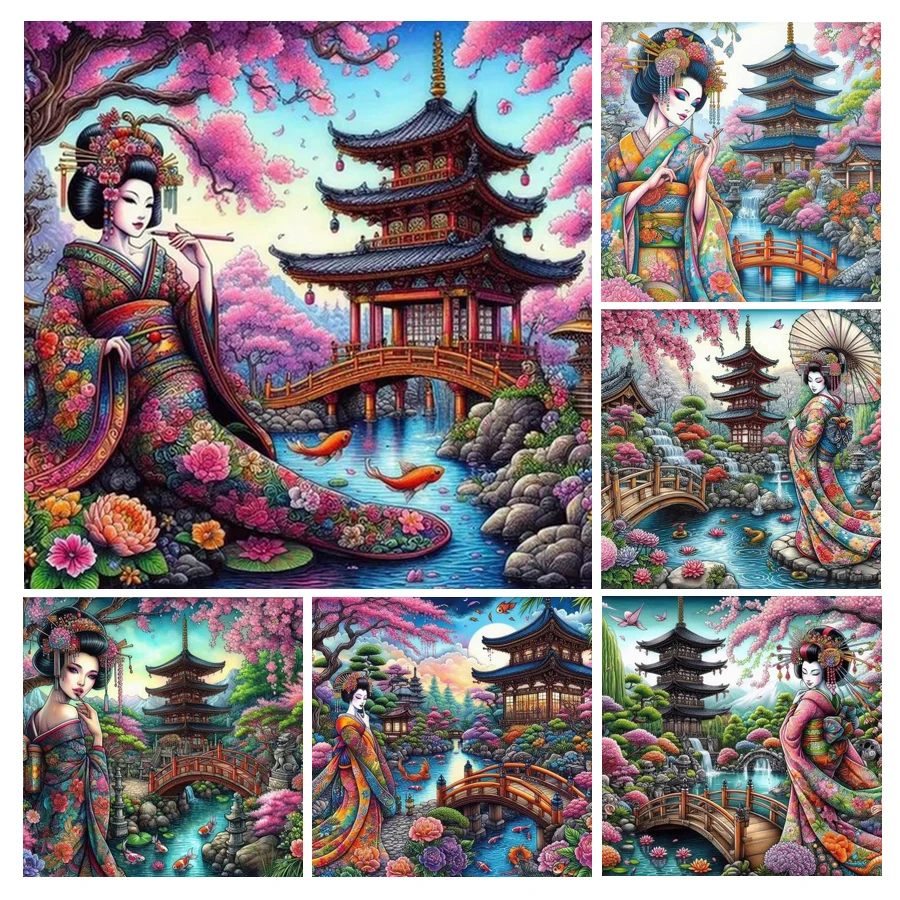 Fullcang Diy Full Diamonds Painting New Collection Kimono Woman Geisha Japanese Style Mosaic Embroidery Sakura Pavilion Picture