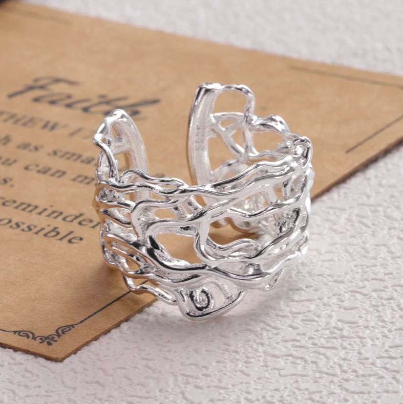 925 Sterling Silver Ring For Women  Hollow Out Wide Line Irregular Mesh Punk Geometric Jewelry Party Birthday Gift