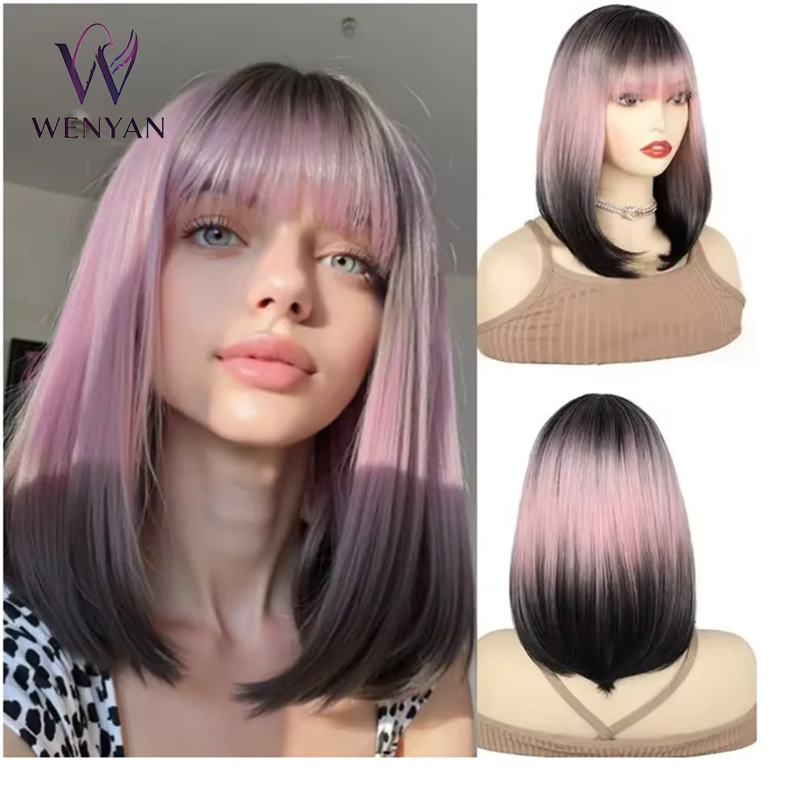 

14 Inch Ombre Pink to Black Synthetic Wig Straight Bob Wig with Bangs Heat Resistant Hair for Women