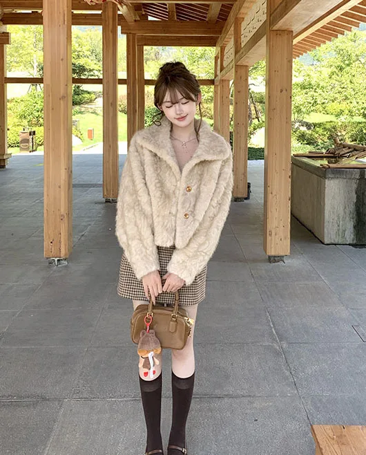 Korean Stand Collar Plush Jacket for Women Winter Thick Fluffy Cropped Faux Fur Coat Woman Loose Sweet Single Breasted Outerwear