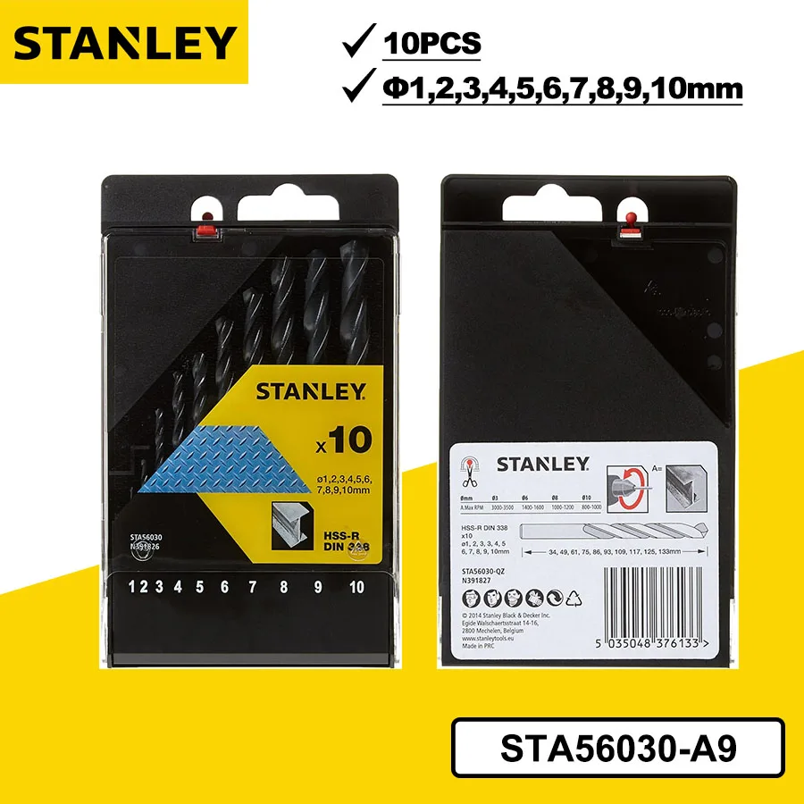 STANLEY 10 PCS HSS-R Metal Drill Bit Cassette 1-10mm Stainless Steel Replacement Drill Bits Power Tool Accessories STA56030