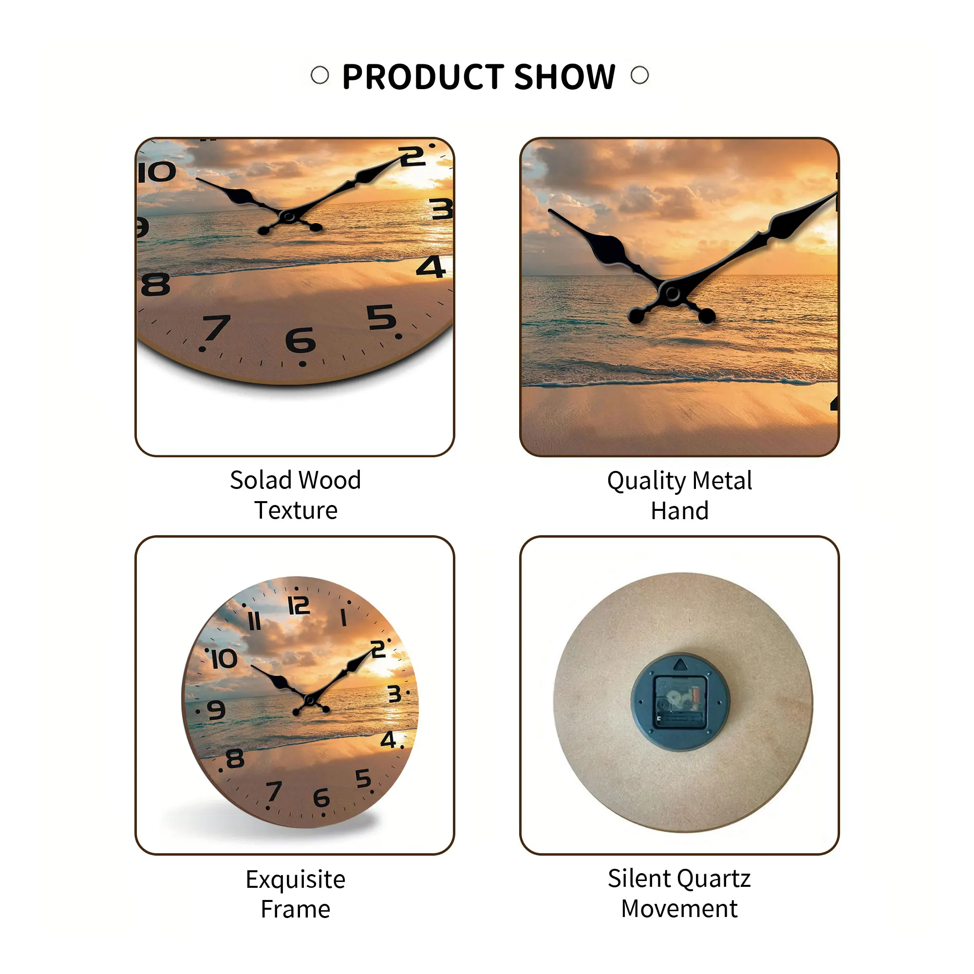 غروب الشمس على الشاطئ مع ساعة حائط صامتة، ساعة حائط خشبية مستديرة، مناسبة لغرفة المعيشة وغرفة النوم وديكور الغرفة،