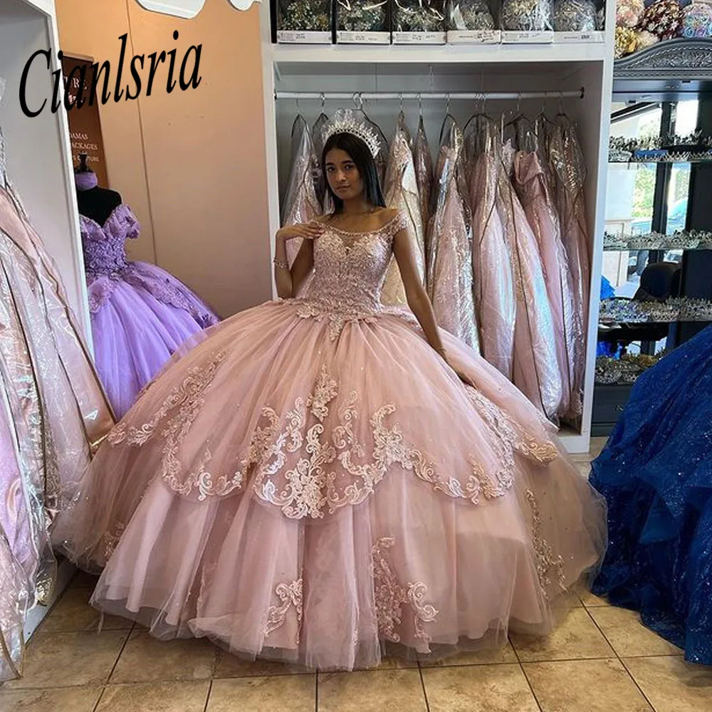 Rosa quinceanera vestidos de baile inchado tule rendas apliques miçangas 2022 novo doce 16 vestidos festa de formatura vestidos com arco