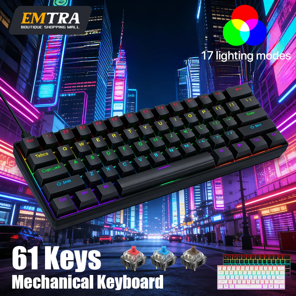 

EMTRA Mechanical Keyboard 60% Size RGB Backlit 61 Keys Wired Ultra-Portable Gaming Keyboard with Brown/Red/Blue Switch Options