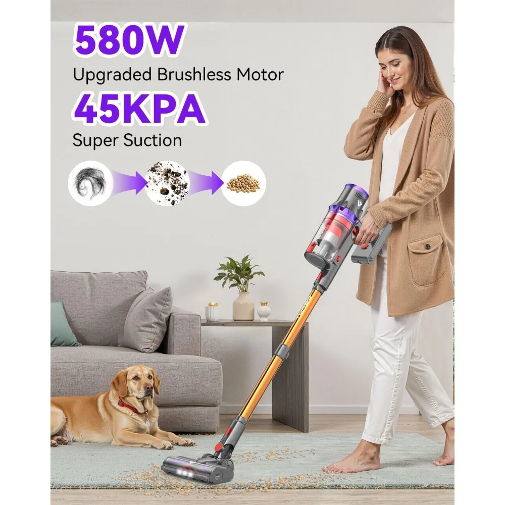 

Cordless Vacuum Cleaner SU7, 580W 45Kpa 70 Minutes Runtime Stick Vacuum with Touch Screen, Anti-Tangle Wireless Powerful