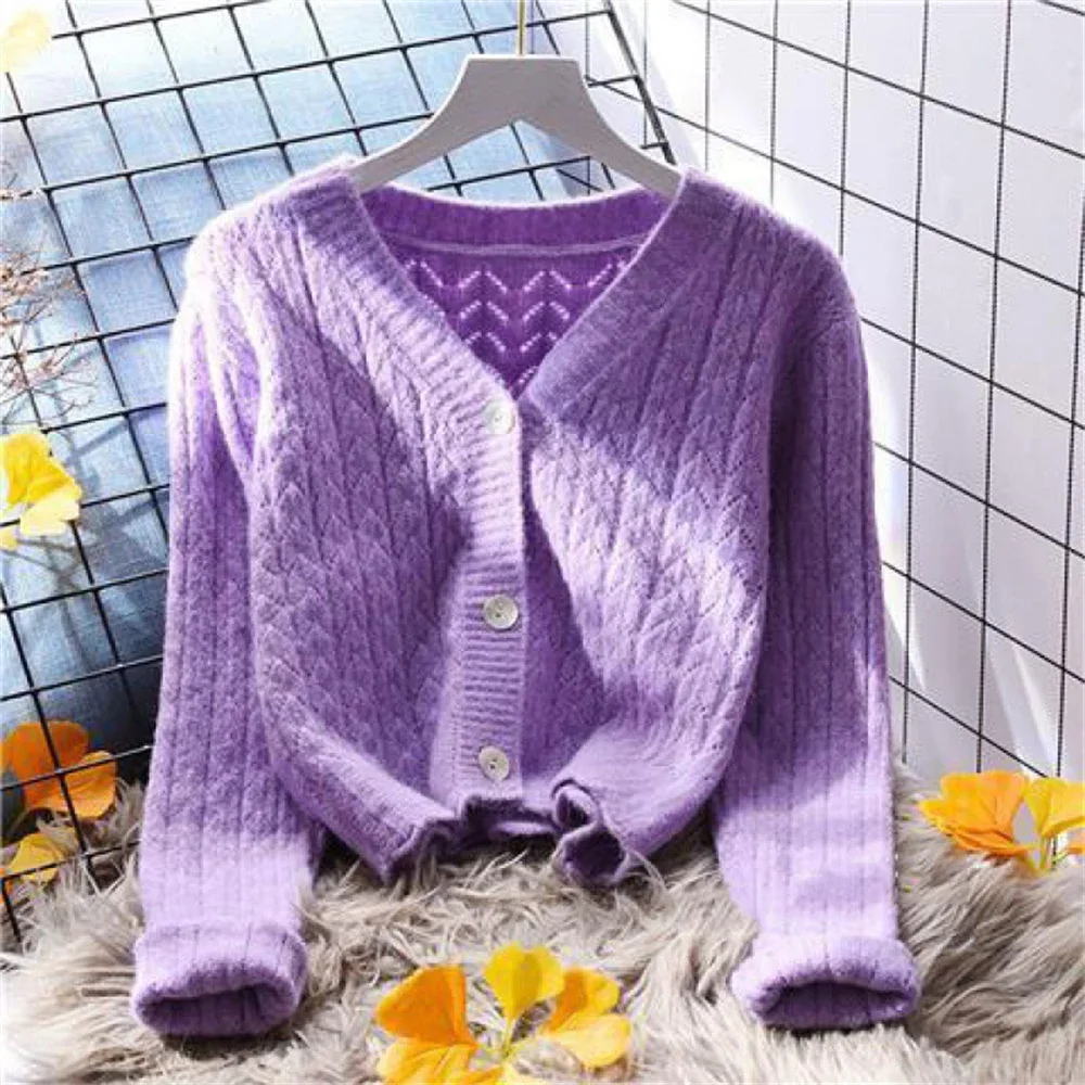 Fashion Yellow Cropped Sweater Coat Women\'s Loose Outer Wear Korean New Autumn All-Matching Western Style Knitted Cardigan V775