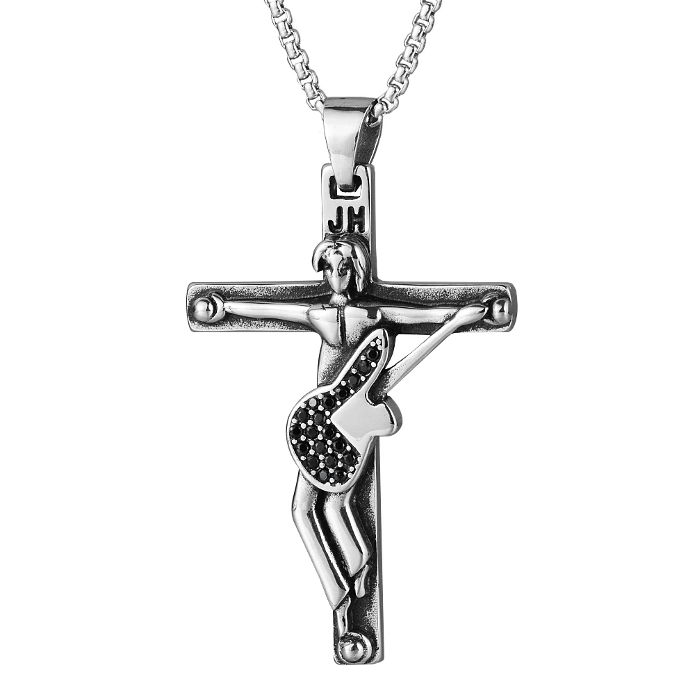 Johnny Hallyday Guitar Cross Pendant 3 Colors Punk Stainless Steel Necklace With Black Rope Chain Men Necklaces Jewelry Gift