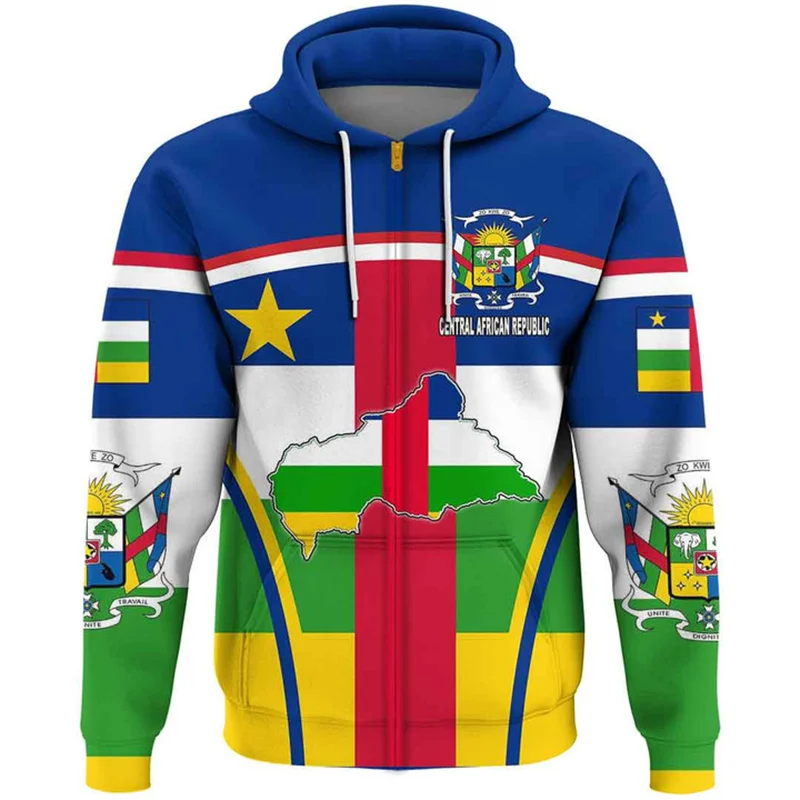 3D Printed The Central African Republic-of Falg Map Zip Up Hoodies For Men Fashion Streetwear Central African Zipper Sweatshirts