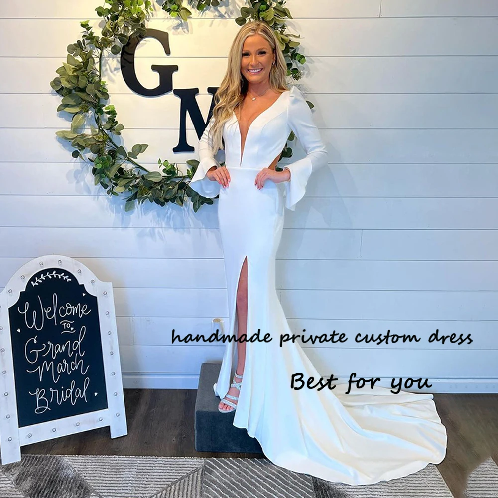 

White Mermaid Wedding Dresses Long Sleeve V Neck Bride Dress with Slit Train Simple Civil Wedding Gown Backless