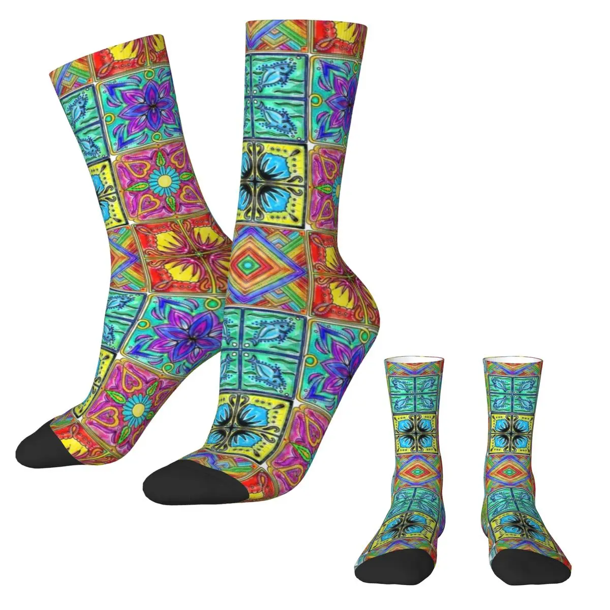 Vintage Patchwork Socks Colorful Spanish Tile Novelty Stockings Winter Non Slip Women Men Socks Soft Design Outdoor Socks