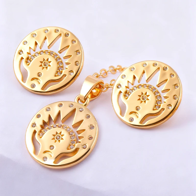 Gold-Plated Taurus Zodiac Zircon Jewelry Set Constellation Round Plate Stud Earrings & Pendant Necklace 2-Piece Set Fashion Women's Jewelry