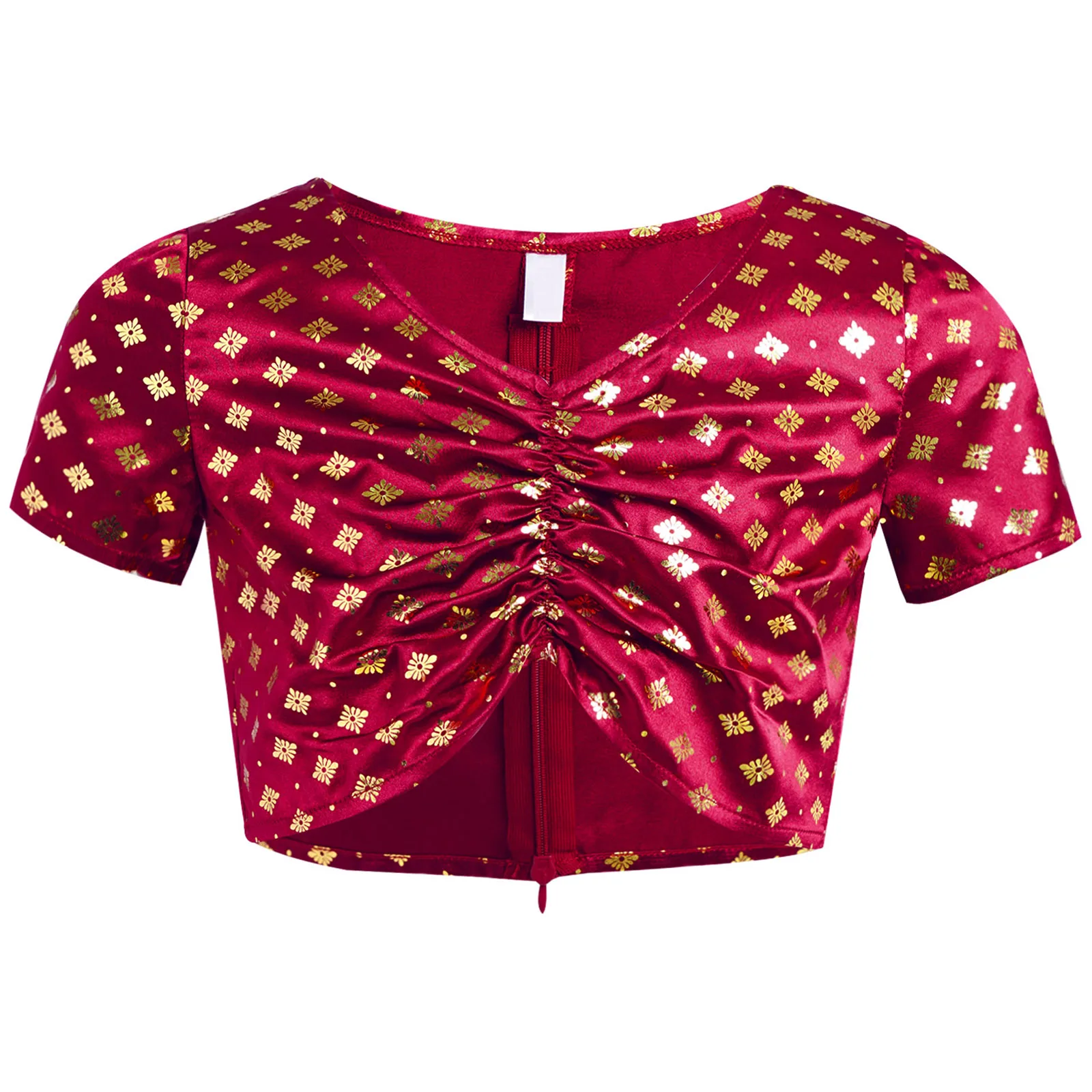 

Kids Girls Belly Dance Top Short Sleeve Metallic Floral Print Satin Crop Top for Halloween Role Play Theme Party Masquerade