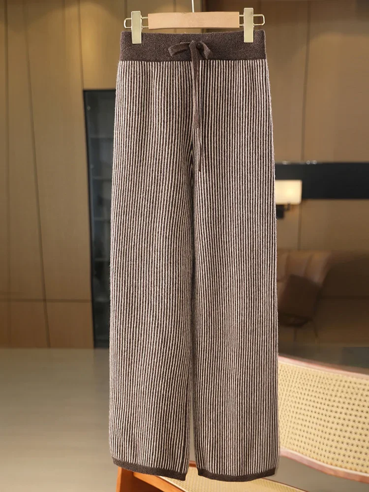 100% Merino Wool Knitted Trousers Striped  Women Wide Leg Pants  Autumn Winter Casual Style Thick Warm Cashmere Pant