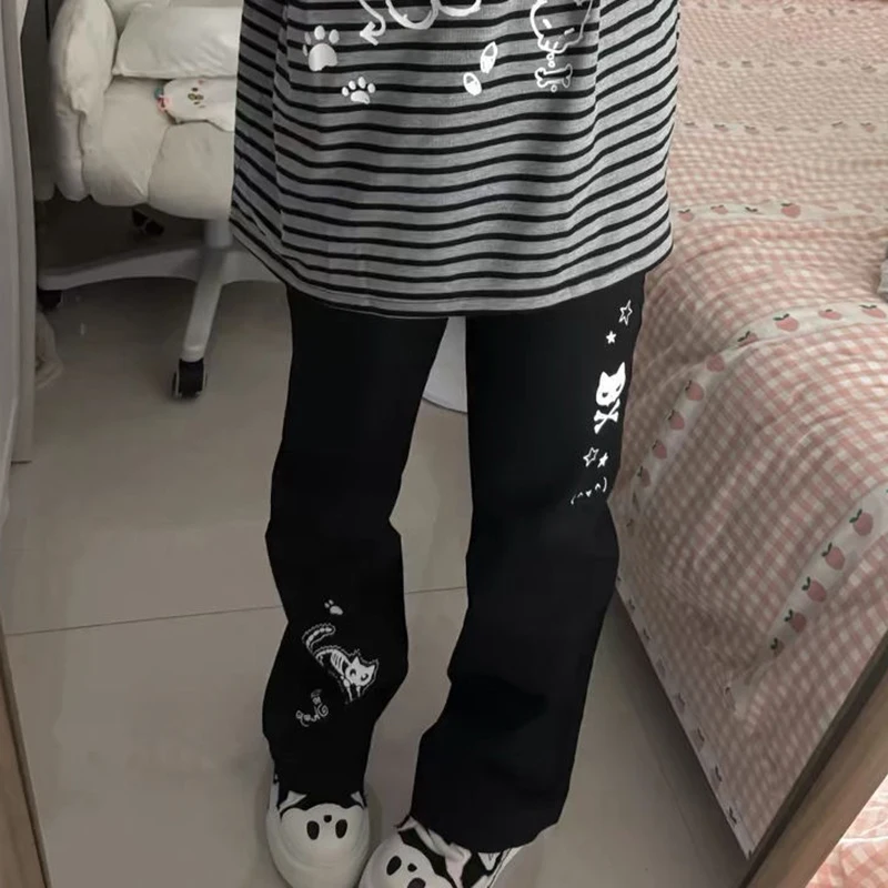 Y2k subcultura calças femininas japonês harajuku impressão dos desenhos animados preto perna larga perder casual cintura alta doce streetwear calças