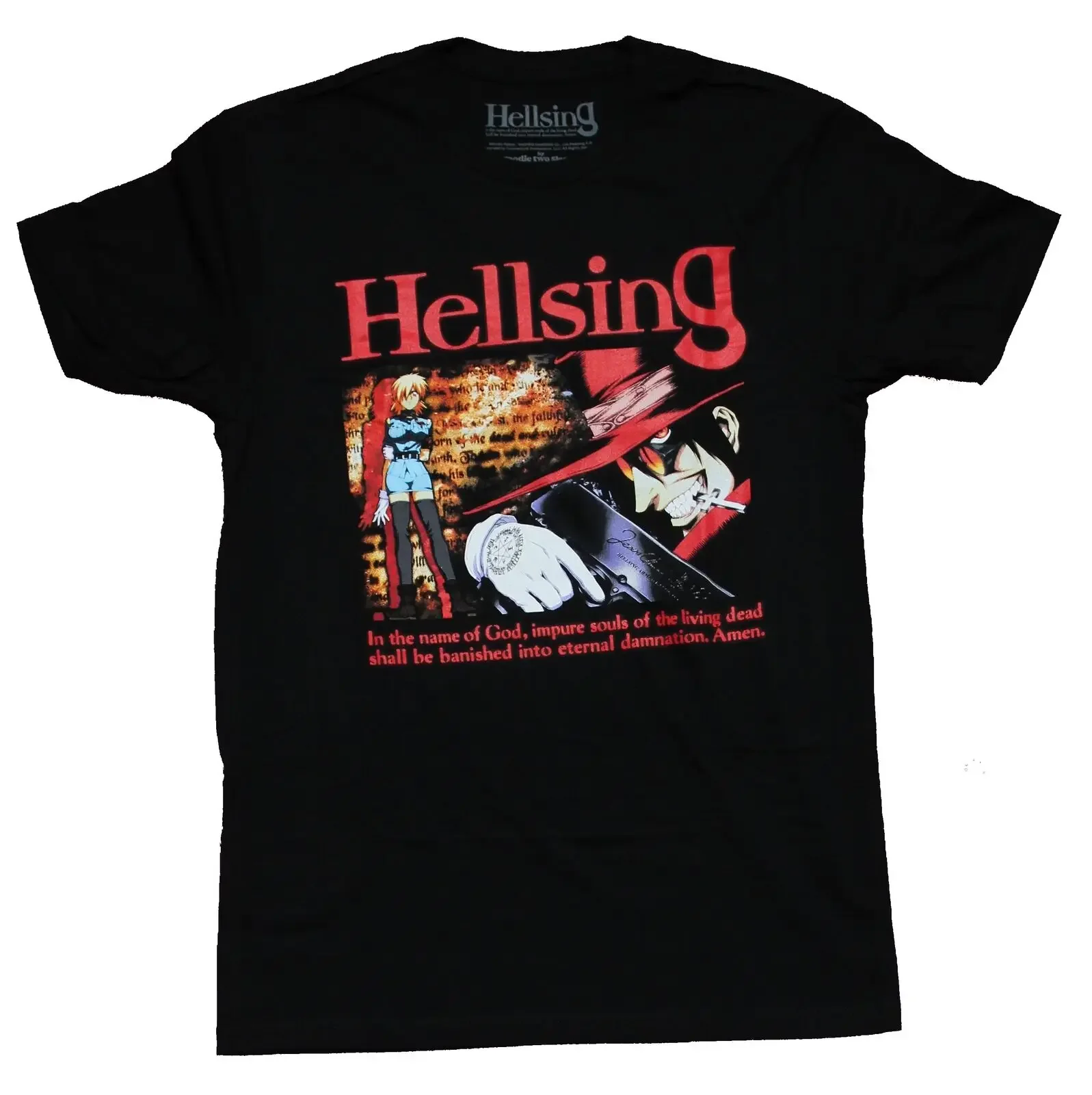 

Hellsing Adult New T-Shirt - Alucard Sera's Gun Pose Over Long Quote