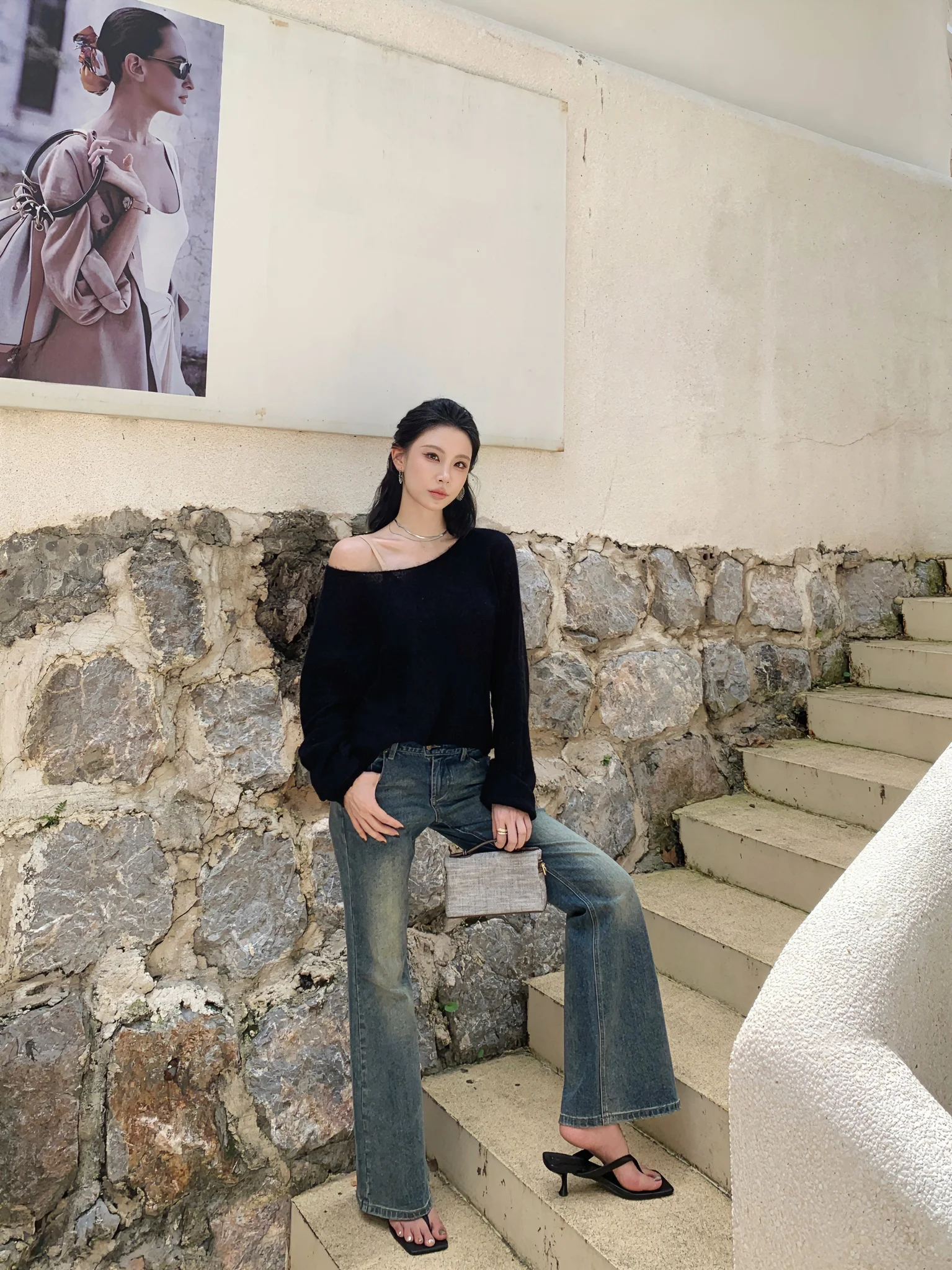 

ZhouMiao Women's Soft Woolen Knitted Sweater oulder Bared Sle Comfortable Casual Loose Fit Long Sve round Ne Top