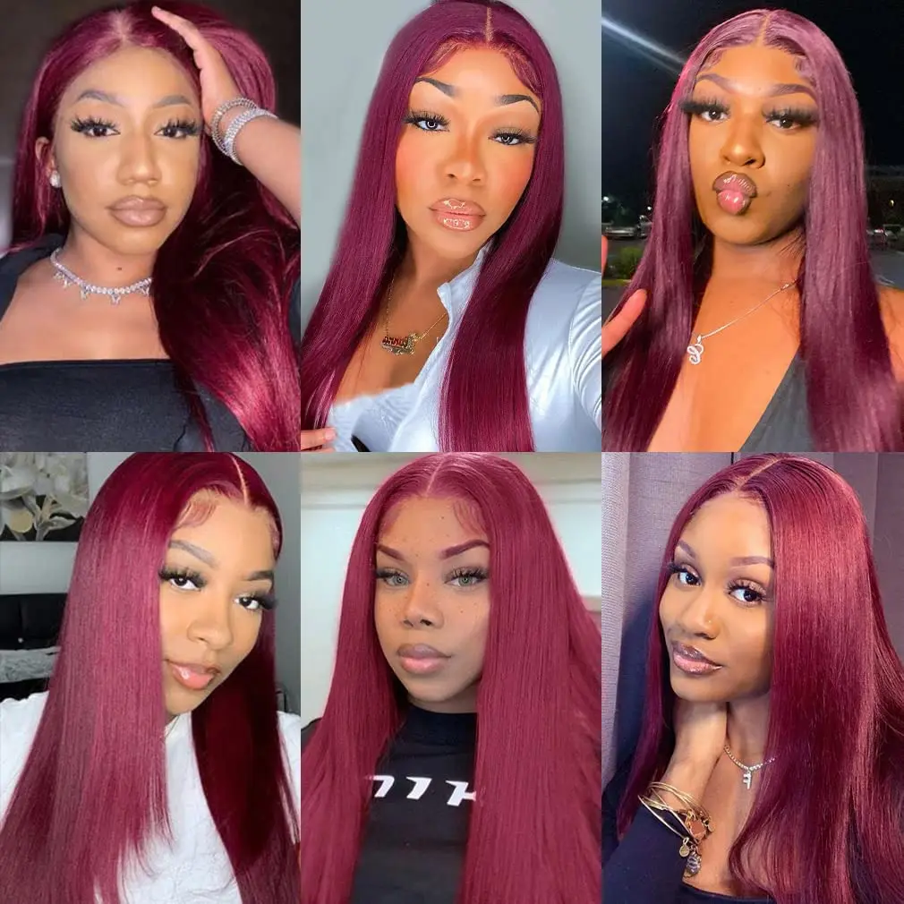 32 Inch Glueless Burgundy Straight Human Hair Wig 99J Straight Lace Front Wig Glueless Human Hair Wig180%Density with Baby Hair