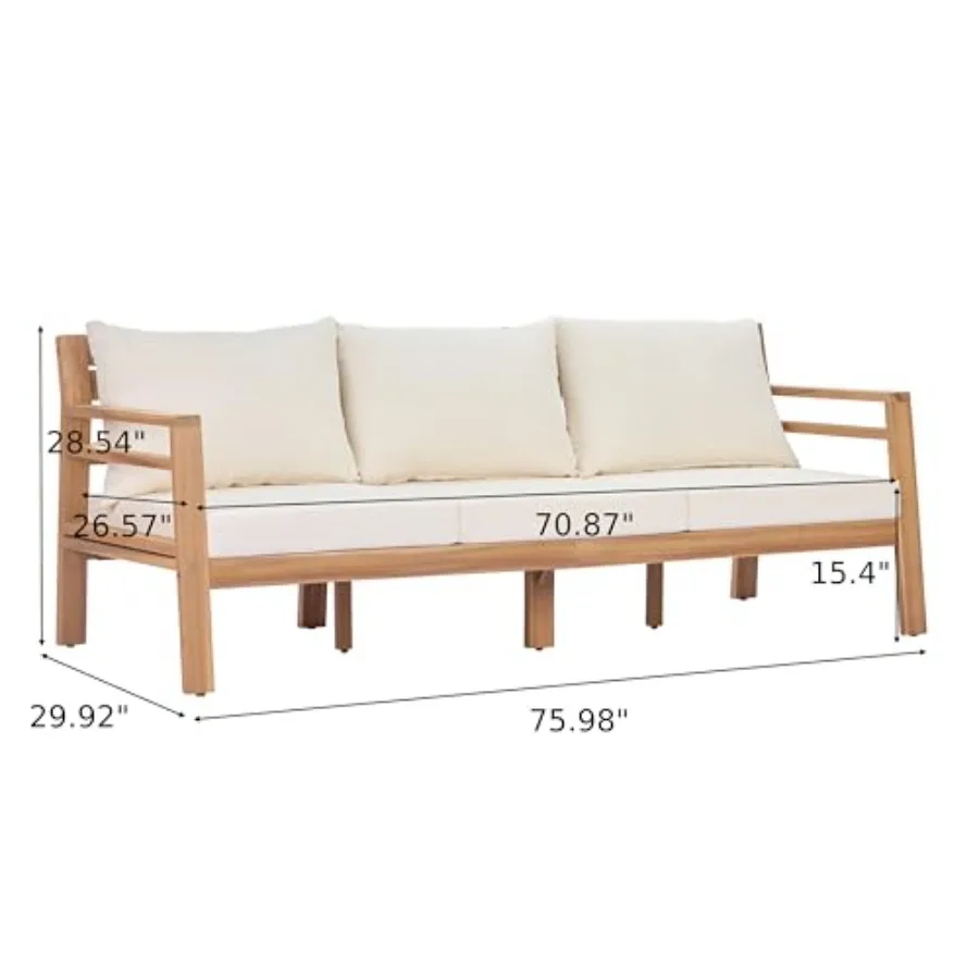 Outdoor 3-seater sofa for patio use, made of acacia wood in light teak color with beige removable cushions, offering durability