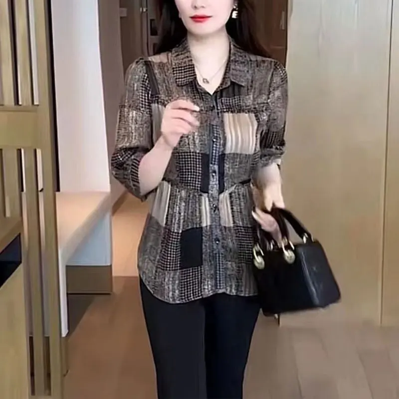 Office Lady Vintage Plaid Shirt Waist Female Clothing Turn-down Collar Fashion Spliced Summer Single-breasted 3/4 Sleeve Blouse