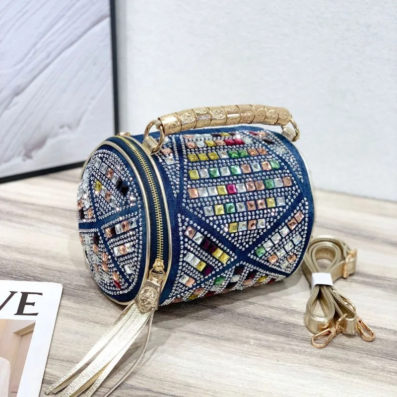 

2025 Korean Mini Handbag Fashion Colored Diamond Rhinestone Small Crossbody Bag Handheld Sequined Denim Bag