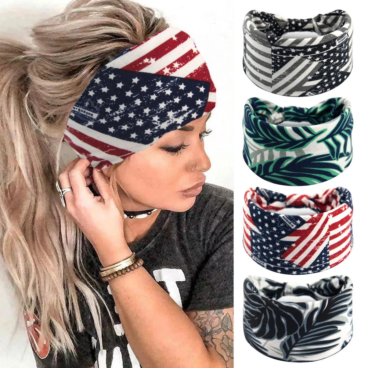 Flag Workout Headband Moisture Wicking Fabric Sweatband Patriotic Stretchy Non Slip Hair Band For National Sports Events Running