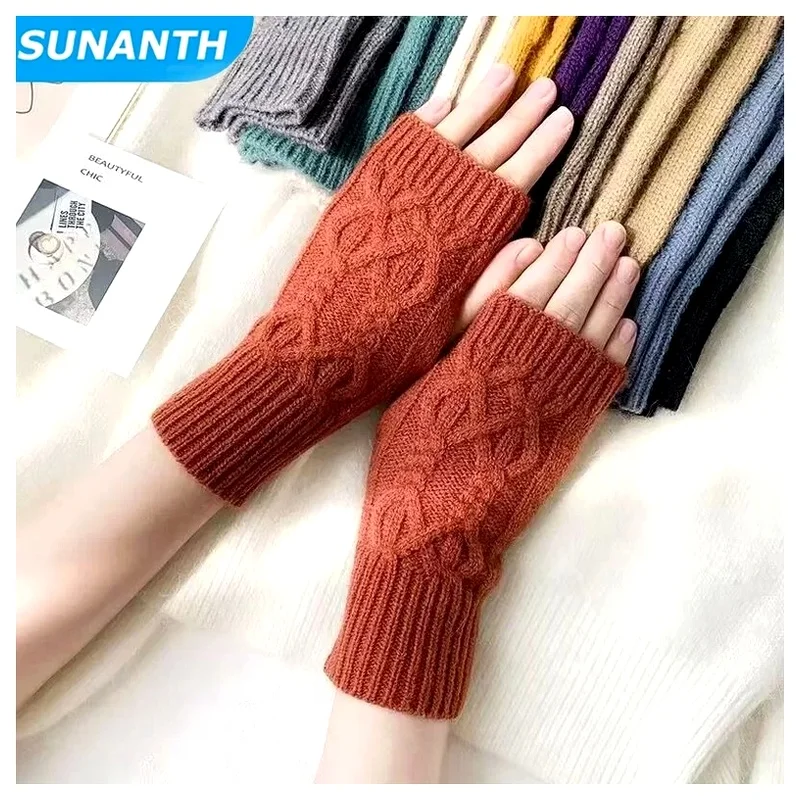 Half Finger Soft Warm Wool Knitting Gloves Mittens Arm Writting work Handschoenen for Winter Women and man Hands