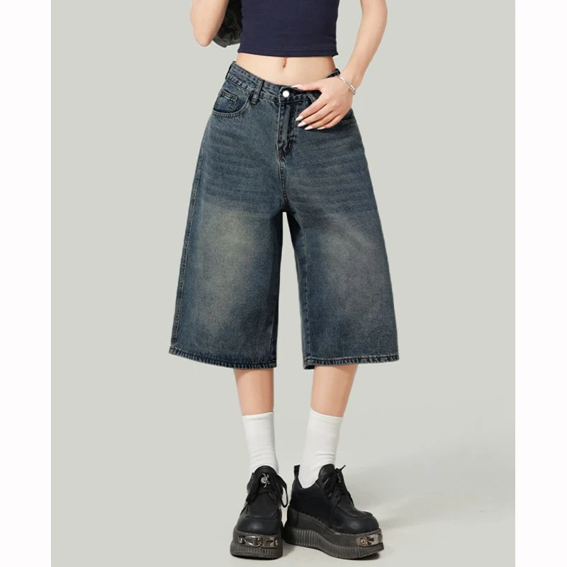 Summer Trendy Fashion Lady High Waist Jeans Girls Retro Loose Fit Capri Pants Female Casual Solid Thin Denim Shorts
