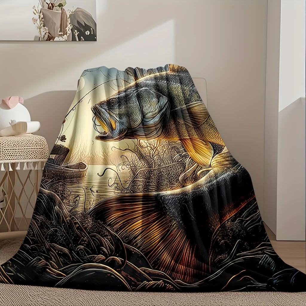 Realistic Fishing Fish Blanket Throw Tapestry Outdoor Camping Decor Artistic Angling Gift for Fisherman Home Picnic Couch Cover