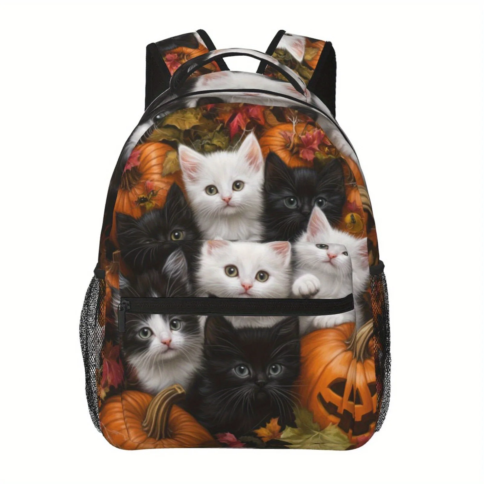 Halloween Cat Pumpkin Backpack Cute Halloween-Themed Design with Adorable Kittens and Autumn Leaves Spacious Laptop