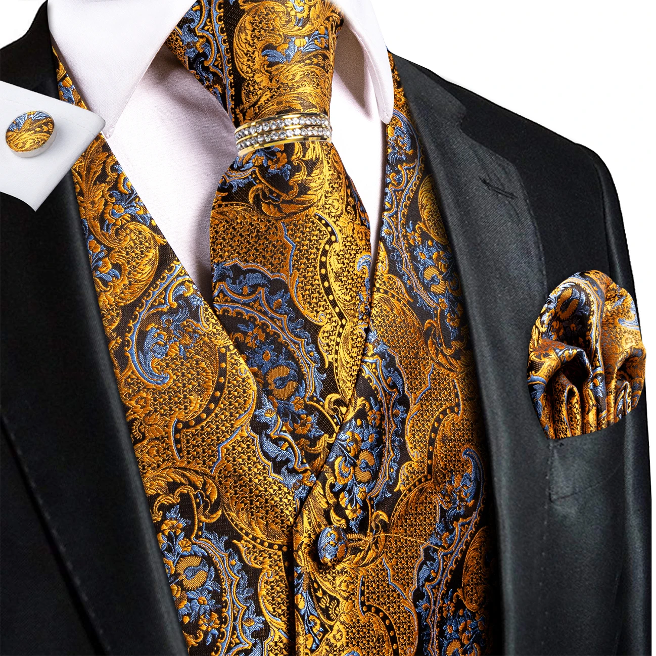 Pocket Square Set - Złoto-Niebieski Zestaw 5 Elementów: Kamizelka z