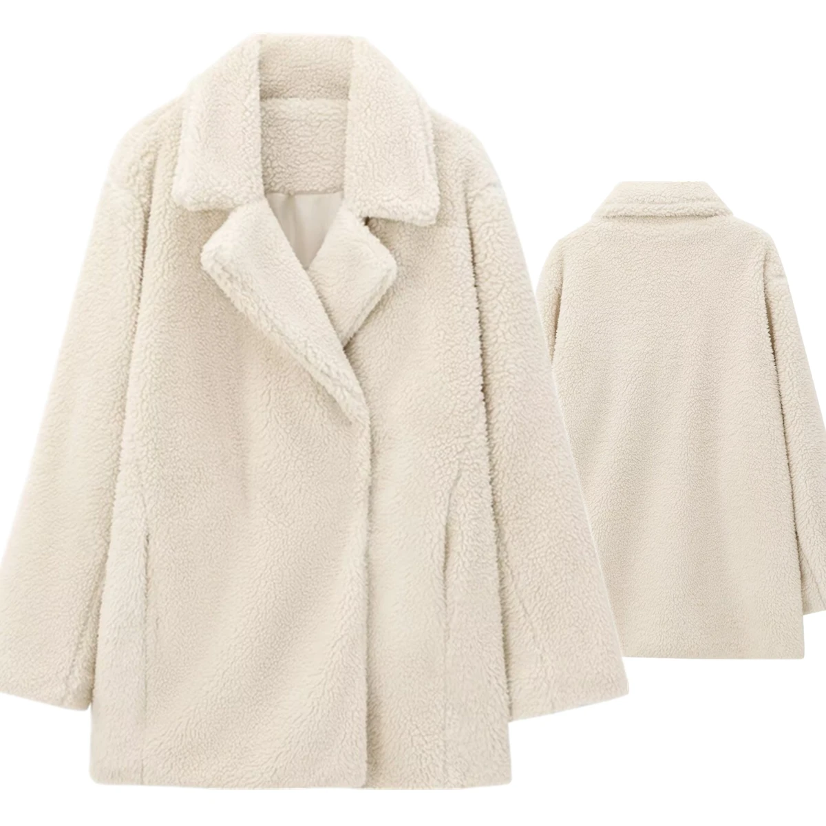 

Maxdutti Minimalist Artificial Lamb Mid Length Coat Elegant Beige Warm Winter Overcoat Women